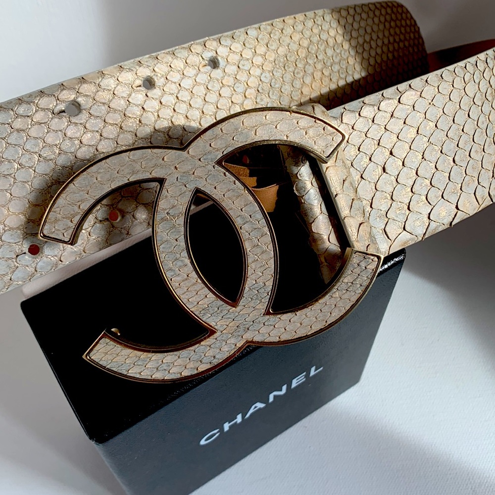 ⭐️ CHANEL Belt RARE Iridescent Python Leather Matte Gold HW Y2K Huge CC Big Logo - Picture 4 of 16
